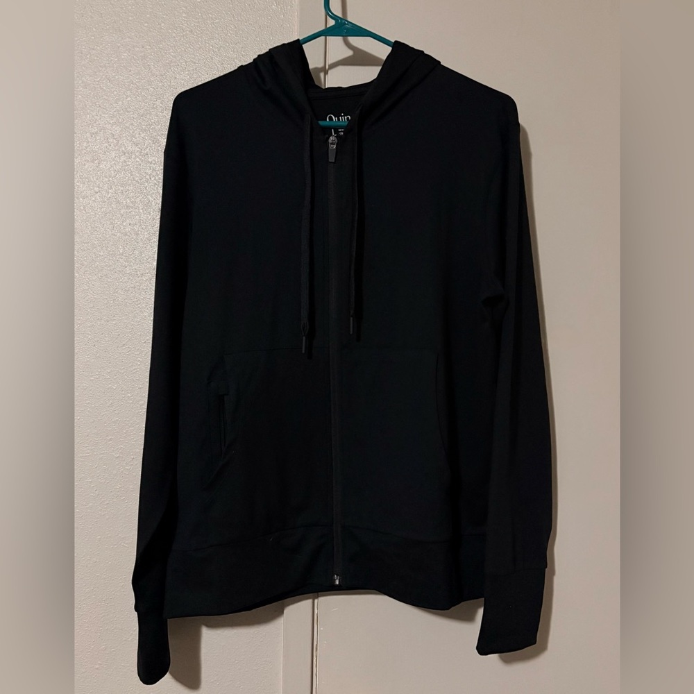 Quince Woman’s Large Zip-Up Black Sweater W/ Hoodie & Zipper Pockets 88% Poly